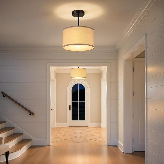 Semi Flush Mount Ceiling Light Fixture, 12'' Drum Chandelier with Classic Fabric Linen Shade, Modern Close to Ceiling Light for Bedroom, Hallway, Dining Room and Kitchen