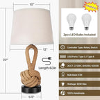 22" Rope Lamps for Night Stands, Bedside Lamps Set of 2, Boho Table Lamps for Living Room End Tables, 3-Color Temperatures Boho Lamp with Rotary Switch, Rattan Lamp with USB Ports, Bulbs Included