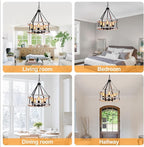 5-Light Farmhouse Chandelier, 17.7 Inch Rustic Black and Vintage Wood Finish Chandeliers for Dining Room Light Fixture, Adjustable Height Hanging Light for Kitchen Island, Entryway, Living Room