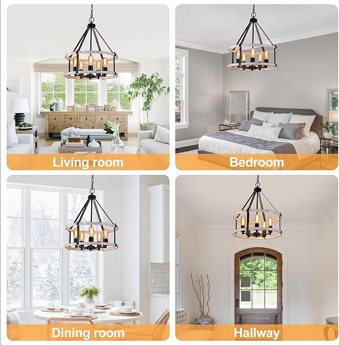 5-Light Farmhouse Chandelier, 17.7 Inch Rustic Black and Vintage Wood Finish Chandeliers for Dining Room Light Fixture, Adjustable Height Hanging Light for Kitchen Island, Entryway, Living Room