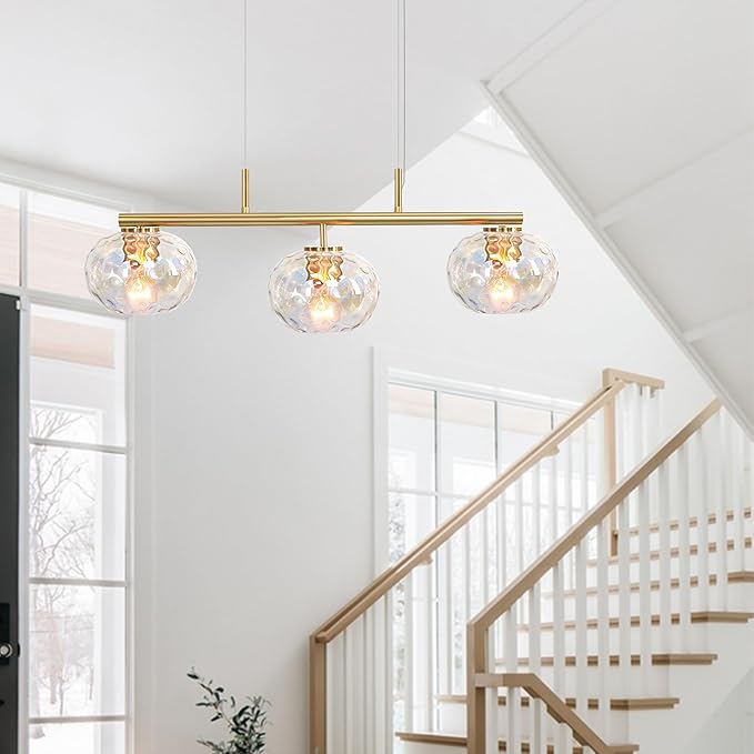 Brushed Brass Gold Chandelier Light Fixture with 7" Stained Glass Shade, 30" W Modern Pendant Lighting for Kitchen Island Dining Room