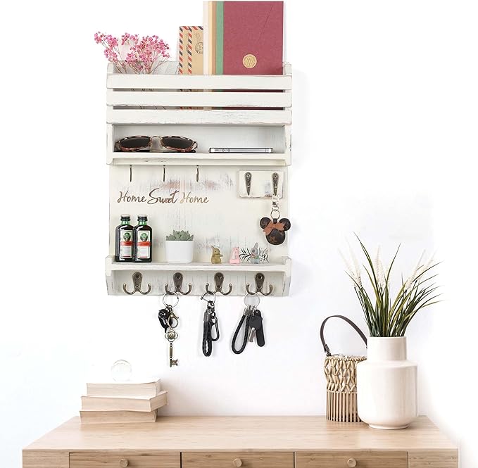 Key Holder, Wall Mounted Mail Organizer, Keys Holder on Wall with 9 Key Hooks, Cream-Colored