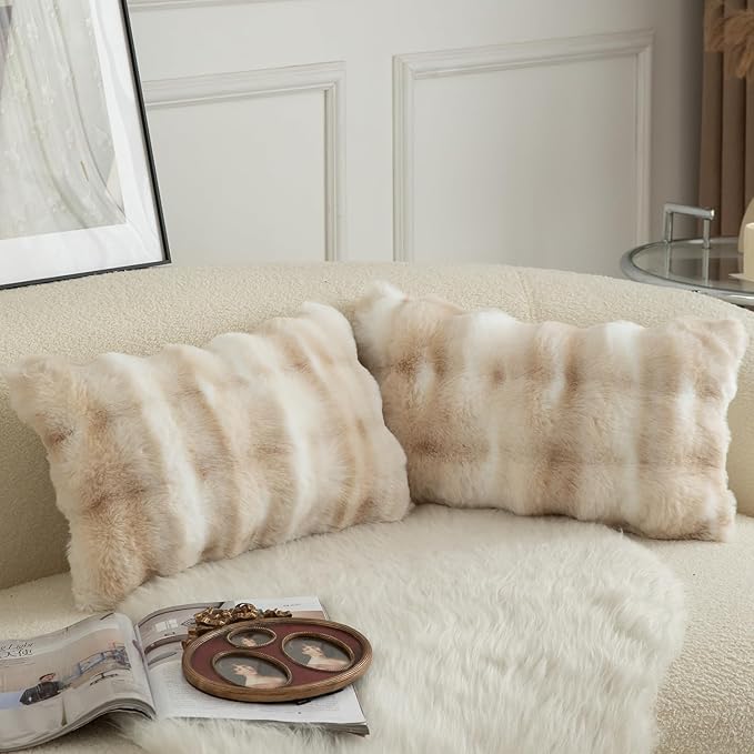 MANDIOO Pack of 2 Thick Plush Wool Decorative Throw Pillow Covers Super Soft Wave Bubble Fur Velvet Cushion Covers Pillow Shams for Couch Bed Living Room 12x20 Inch White Beige