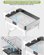 2 Tier Dish Drying Rack, Thicker Premium 304 Stainless Steel Dish Racks for Kitchen Counter, Automatic Drainage Spout, Dish Drainer & Drainboard Set with Utensil Holder and Cup Holder, White