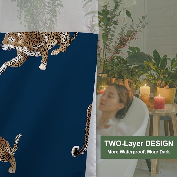 Boho Leopard Cheetah Theme no hook Tropical Forest Wildlife Animal Shower Curtain with Snap in Fabric Liner Set, Detachable Liner,See Through Mesh Top Window,Waterproof Washable 72"W x 74"H