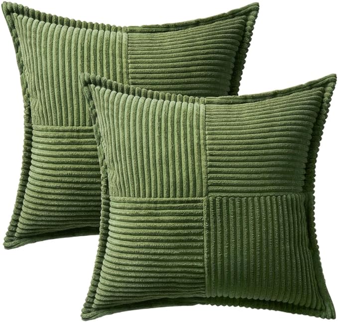 MIULEE Decorative Throw Pillow Covers for Couch Bed Livingroom 16x16 Inch Set of 2 Moss Green Boho Accent Throw Pllows Broadside Striped Patchwork Soft Corduroy Summer Pillowcases