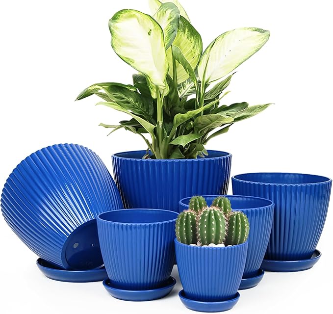 6pcs Plastic Flower Pots, 7.5/6.6/5.8/5.0/4.3/3.5 inches, Indoor/Outdoor Home Decoration, Thick and Durable, with Drainage Holes and Trays