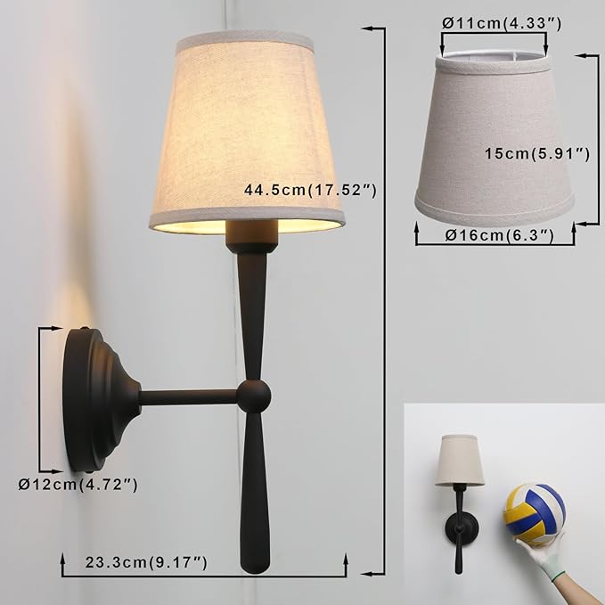 Yosoan Linen Shade Bedside Vanity Wall Sconce Set of 2, Vintage Industrial Hardwired Boho Indoor Wall Mounted with Funnel Textile for Bedroom Stairwell Hallway Bathroom(Black)