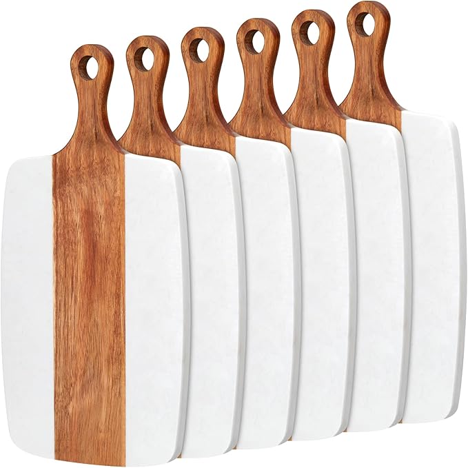 Zubebe 6 Pcs Marble and Wood Cutting Board Acacia Wooden Marble Serving Tray with Handle Charcuterie Chopping Board for Kitchen Christmas Wedding Bridal Shower Gift(14 Inches x 7 Inches)