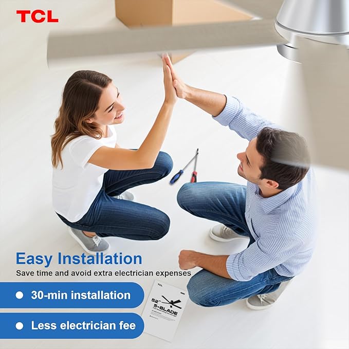 TCL 52" Ceiling Fan with Lights, Silver Flush Mount, 5 Blade Low Profile, 6 Speeds DC Reversible, Dimmable, Modern for Bedroom, Living Room and Garage