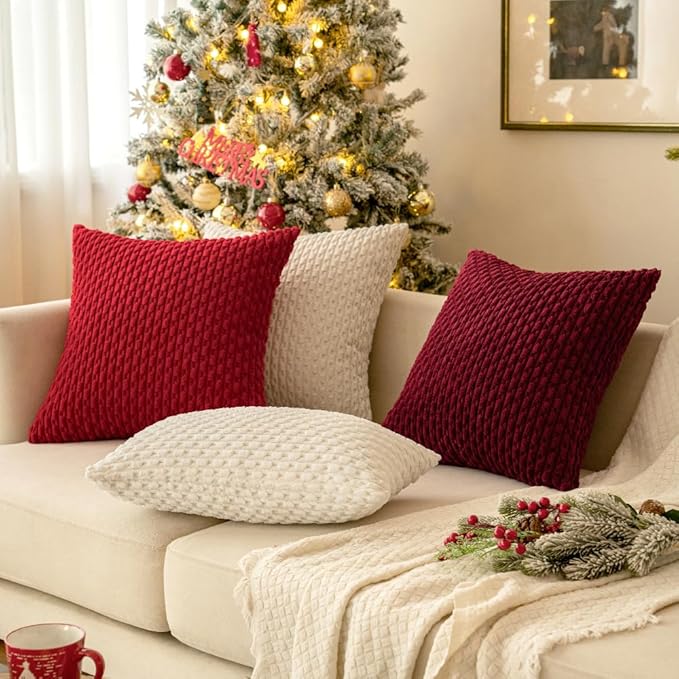MIULEE Christmas Red Throw Pillow Covers Soft Corduroy Decorative Set of 2 Boho Striped Pillow Covers Pillowcases Farmhouse Home Decor for Couch Bed Sofa Living Room 16x16 Inch