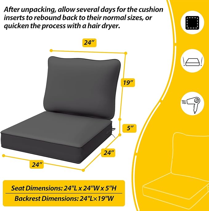 AAAAAcessories Outdoor Deep Seat Cushions, Waterproof, Fade-Resistant Patio Furniture Replacement Cushions, Set of 2, 24" x 24" x 5", Shadow Gray