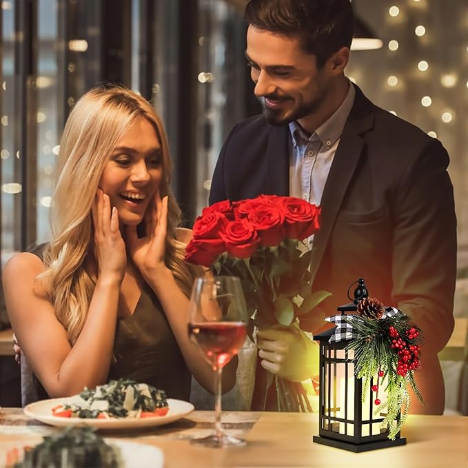 Metal Christmas Decorative Candle Lantern with Led Light,Plaid Ribbon,Lighted Hanging Vintage Lanterns for Home Decor Table Fireplace Porch Indoor Outdoor Decorations,Serpro