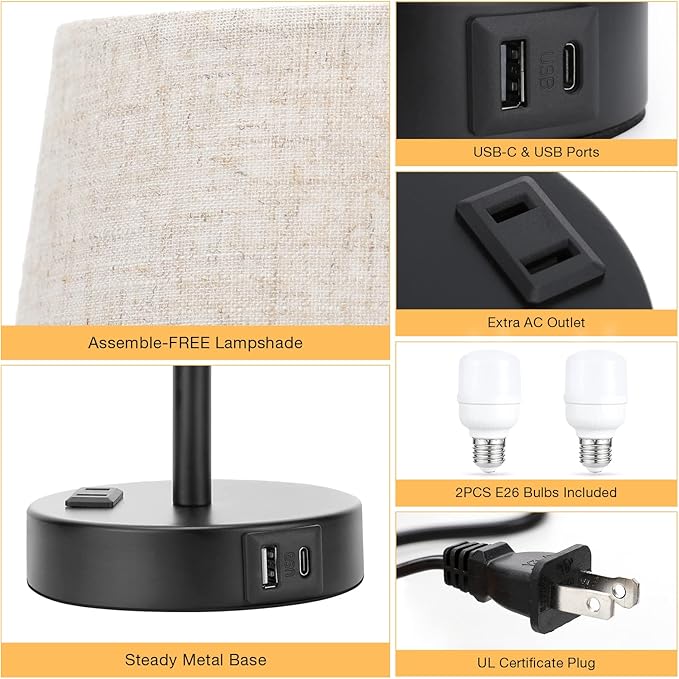 Mini Bedside Lamps for Bedrooms Set of 2 - Nightstand Bedroom Lamps with USB C Port and AC Outlet Charging, Dimmable Touch Small Bed Side Table Lamp, Black Night Stand Light for Kids/Guest Room