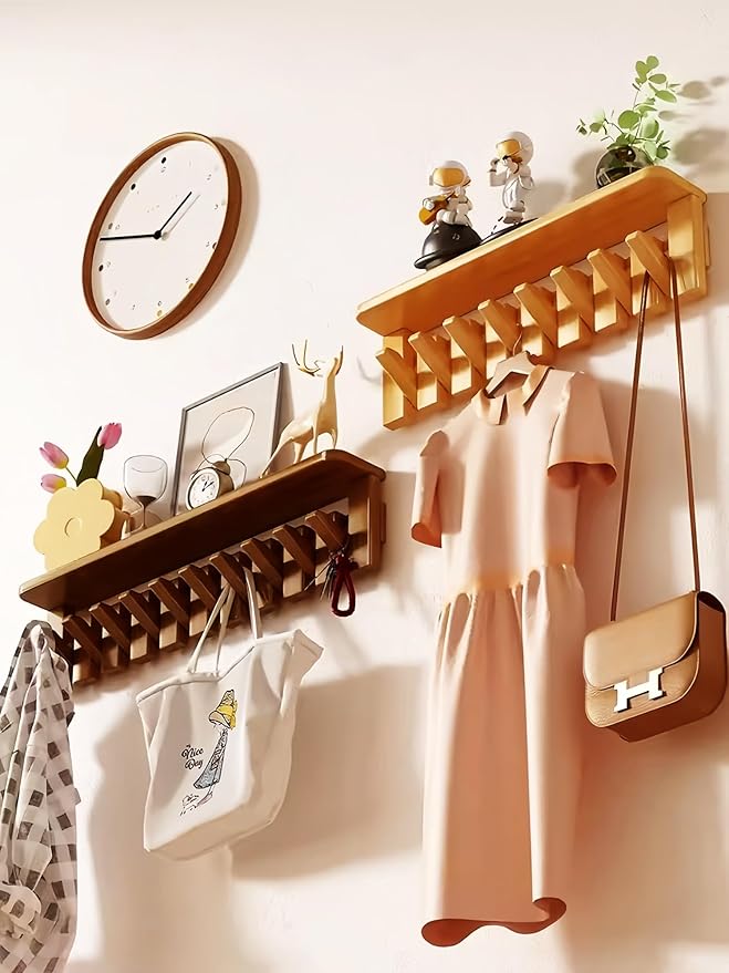 Wall Mounted Piano Key Hanger | Flip Style Hook | Entrance Wall Art Hook, Made of Oak Wood (3 Times Painted, 4 Times Polished) (Tray Beech, 8Hooks)