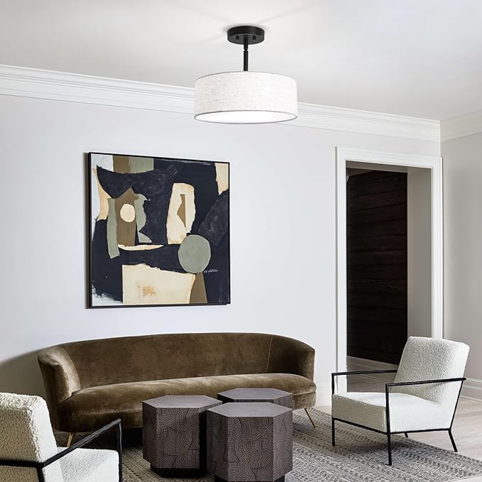 ALISADABOY Black Chandeliers with Lampshade Modern Chandelier 12.59 inches Contemporary 3 Light Semi Flush Mount Ceiling Light Drum Light Fixture for Kitchen Entryway Closet Hallway Bedroom