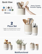 LE TAUCI Utensil Holder, 7.3"+5.4" Ceramic Kitchen Utensil Holder for Countertop, Large Cooking Utensil Crocks Gift for Mom, Boho Farmhouse Kitchen Decor, Set of 2, Reactive Glaze Arctic White