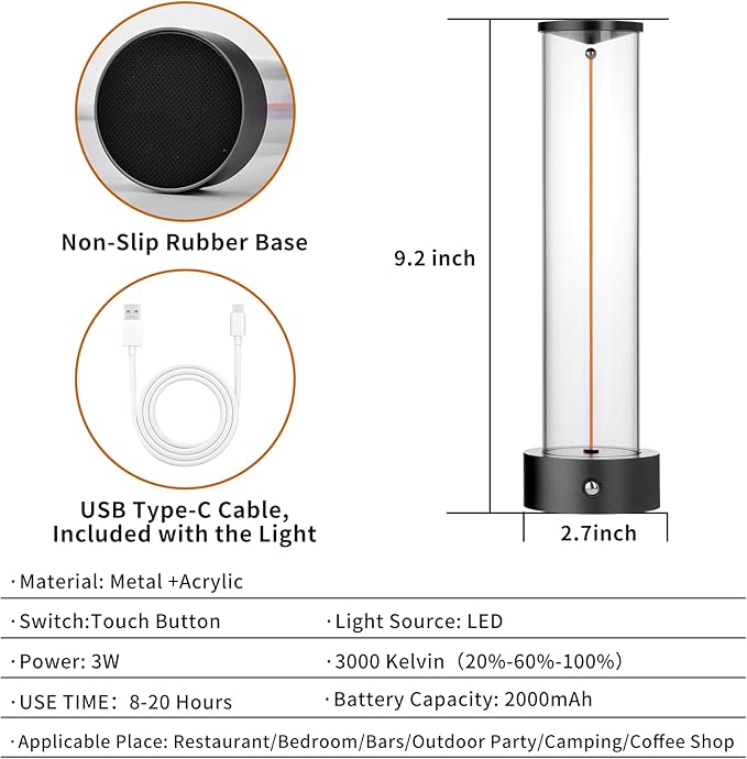 Cordless Portable LED Table Lamp, Modern Nightstand Lights with Filament Magnetic, Three-Level Dimmable Lamp for Gaming, Home Office, Bedroom, Living Room, Kitchen, Bar, Restaurant (Black)