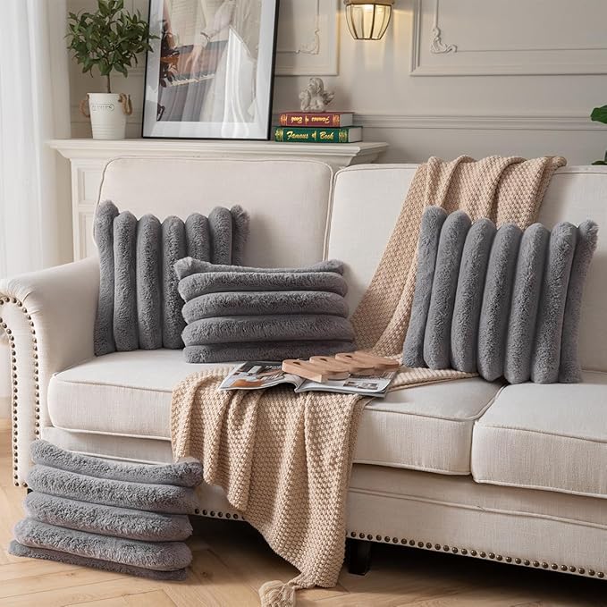 Faux Fur Plush Throw Pillow Covers 12x20 Inch Set of 2 - Luxury Decorative Fuzzy Striped Soft Cozy Pillowcase for Couch, Sofa, Living Room - Darkgrey