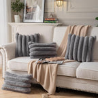 Faux Fur Plush Throw Pillow Covers 12x20 Inch Set of 2 - Luxury Decorative Fuzzy Striped Soft Cozy Pillowcase for Couch, Sofa, Living Room - Darkgrey