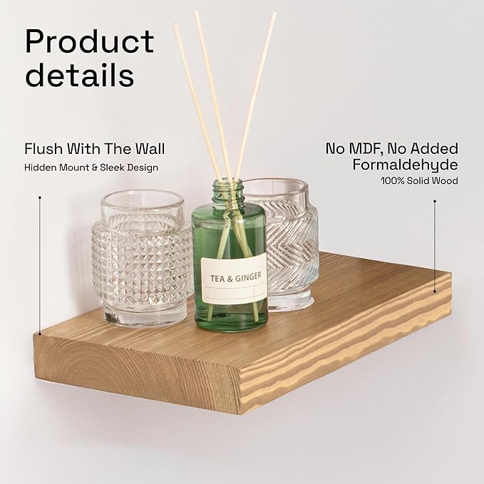 BAOBAB WORKSHOP Natural Wood Floating Shelves for Wall 12 Inch Wide, Small Wooden Shelf 12 In, Bathroom Shelves for Room Wall Mounted Kitchen Rustic Farmhouse, Oak Floating Shelf, 12W × 6.7D, Set of 2