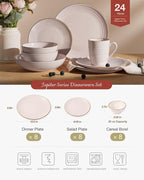 Famiware Jupiter Dinnerware Set, Plates and Bowls Dish Sets for 8 (24 Pieces), Microwave and Dishwasher Safe Stoneware Speckled Tableware, Chip and Scratch Resistant, Light Pink