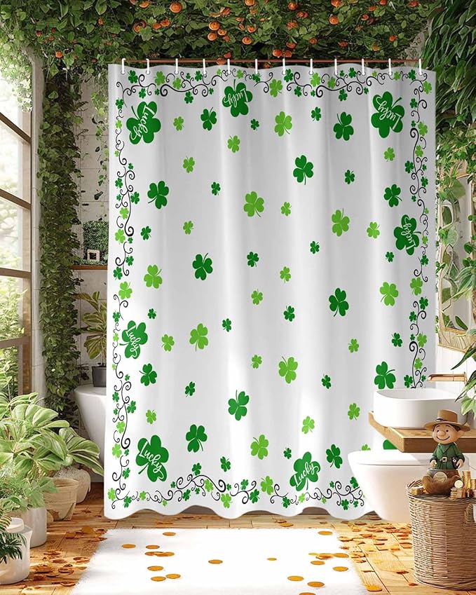 St. Patrick's Day Shower Curtain, Green Shamrock Irish Clover Shower Curtains Set with Hooks, Seasonal Spring Holiday Waterproof Fabric Bathroom Curtains Decor Home Accessories,Stall 48 X 72 Inch