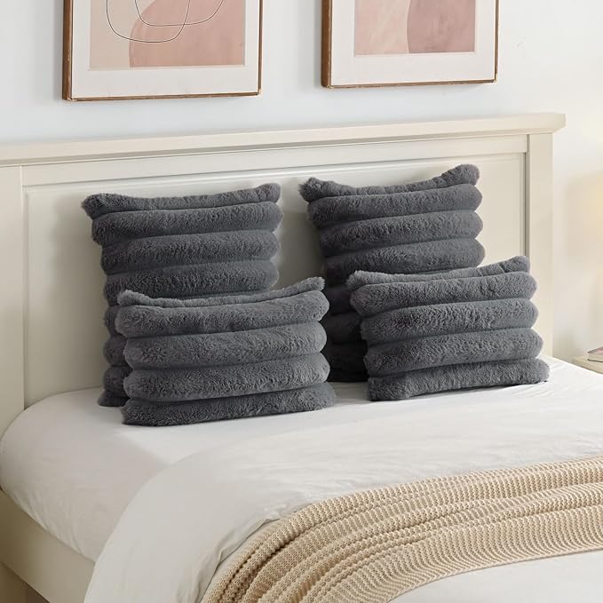 FUTEI Dark Grey Decorative Throw Pillow Covers 26x26 Inch Set of 2, Square Soft Faux Rabbit Fur Big Striped Pillow Sham,Home Decor for Couch Sofa Bed Living Room