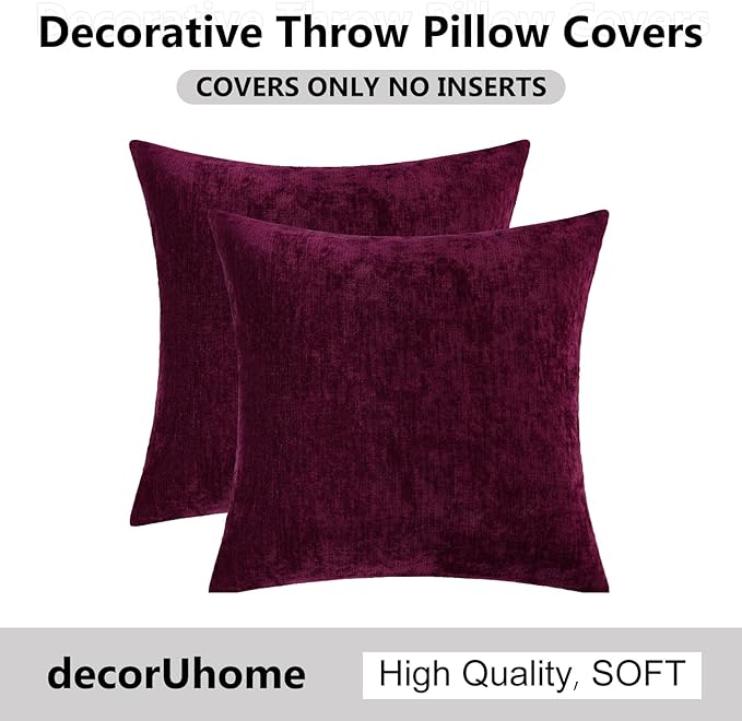 decorUhome Chenille Burgundy Christmas Throw Pillow Covers 20x20 Inch Set of 2, Decorative Soft Couch Pillow Covers Solid Dyed Accent Velvet Farmhouse Neutral Square Pillow Cases for Sofa Living Room