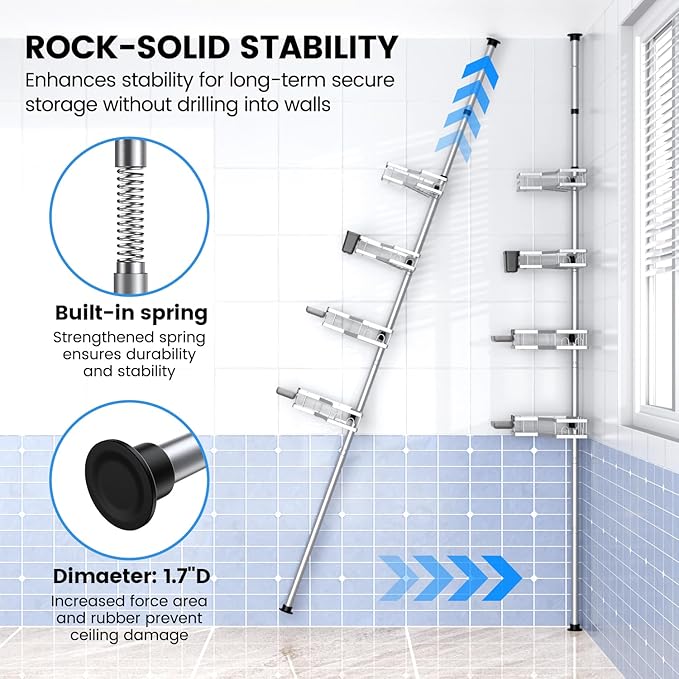 Corner Shower Caddy Tension Pole: 4tier adjustable Rustproof Bathroom Organizer Shelves - Bathtub shampoo rack 43.5-120 inch