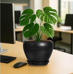 Deep Dream 8 Inch Plant Pot - Ceramic Pots for Plants with Drainage Hole and Trays, Modern Round Flower Pot, Planters for Indoor Outdoor Plants, Home Garden Decor, Black