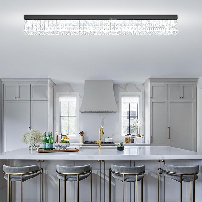 L48 Rectangular Chandelier Flush Mount Rectangle Chandelier Modern K9 Crystal Chandeliers Light Fixture for Dining Room Bedroom Bar Black Crystal Ceiling Lights