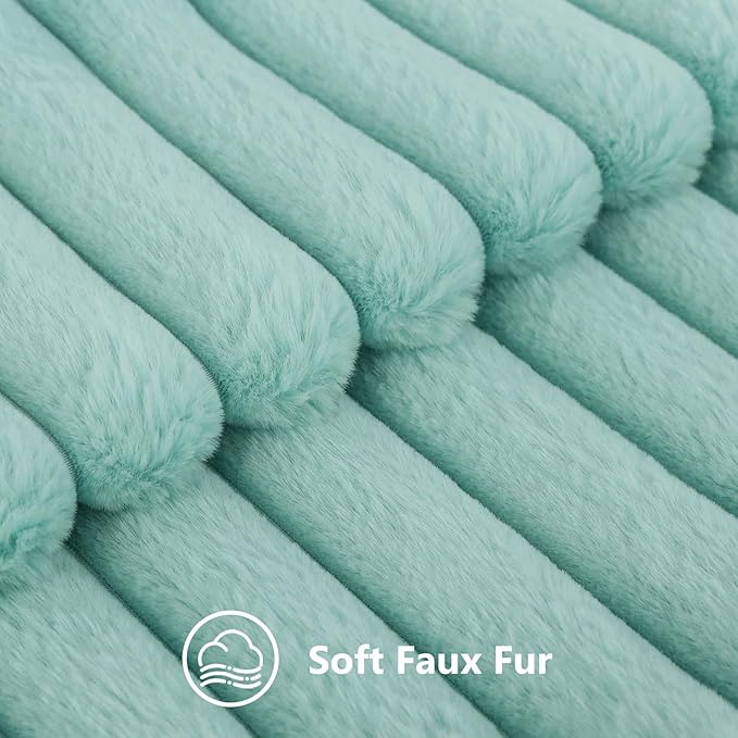 decorUhome Faux Fur Throw Pillow Covers 12x20 Set of 2, Decorative Soft Plush Striped Lumbar Neutral Couch Euro Pillow Covers with Velvet Back for Sofa, Bed, Living Room Home Decor, Aqua