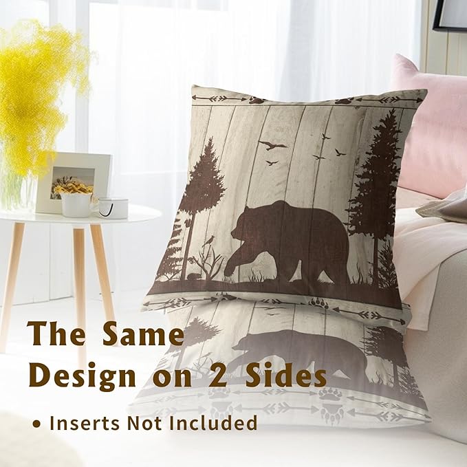 Bear Throw Pillow Covers Set of 2 Soft Wild Animal Rustic Wood Grain Cabin Brown Decorative Pillowcases Cushion Cover for for Couch Sofa Outdoor Indoor Farmhouse Home Decor