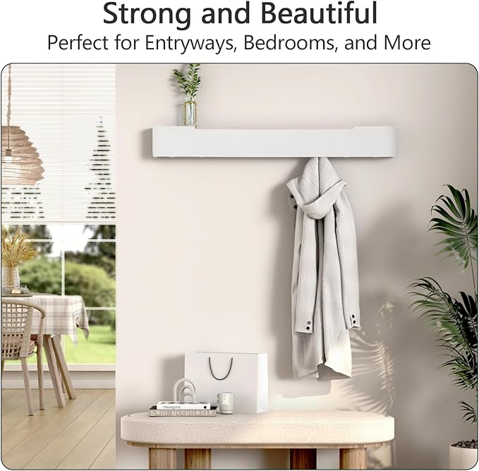 Coat Rack Wall Mount with Hidden Hooks Entryway Hanging Shelf Modern Wood Coat Hanger for Bedroom Kitchen Hallway Bathroom (White,32.7 Inch Long)