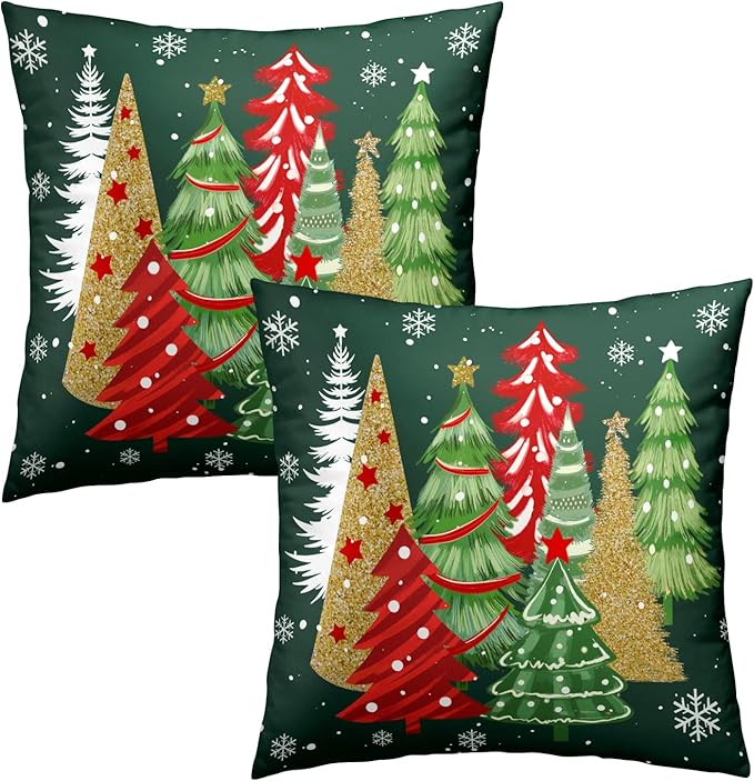 Christmas Trees Throw Pillow Covers 18x18 Inch Set of 2, Xmas Tree Red Green Decorative Pillowcases Soft Square Cushion Case Decoration for Sofa Couch Winter Holiday Decor