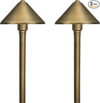 GKOLED Solid Brass Landscape Path Lights (5" Shade, 20" Tall), Low Voltage LED 3W 12-24V AC/DC Conehead Path Lighting, 2700K Outdoor Waterproof Walkway Light, with Stake and G4 Bulb, 2 Pack