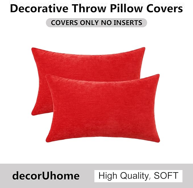 decorUhome Chenille Red Throw Pillow Covers 12x20 Inch Set of 2, Decorative Soft Couch Pillow Covers Solid Dyed Accent Velvet Farmhouse Neutral Rectangle Christmas Pillow Cases for Sofa Living Room