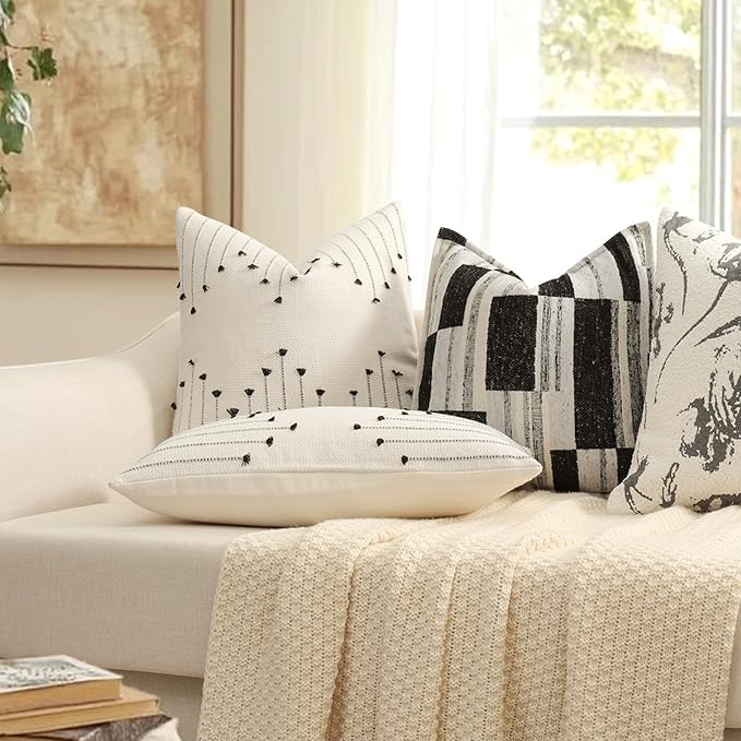 YCOLL Boho Throw Pillow Covers 20x20 Set of 2 Neutral Woven Decorative Pillowcases Cotton Tufted Couch Pillows Modern Farmhouse Accent Cushion Covers for Sofa Couch Bed Living Room Home Decor, Black