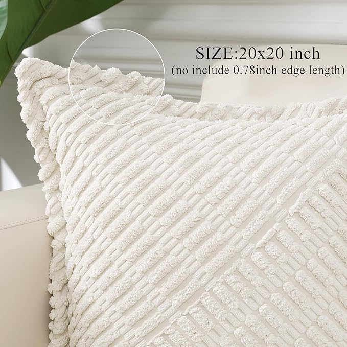 decorUhome Decorative Cream White Fall Throw Pillow Covers 20x20 Set of 2 with Splicing, Boho Soft Neutral Corduroy Broadside Twill Pillow Covers for Couch Bed Sofa Living Room