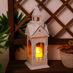 TRIROCKS Rustic Style Metal Candle Lantern 13'' High Decorative Outdoor Lantern Candle Holder with Tempered Glass House Shape for Home Living Room Garden Patio Parties Indoors Outdoors (White)
