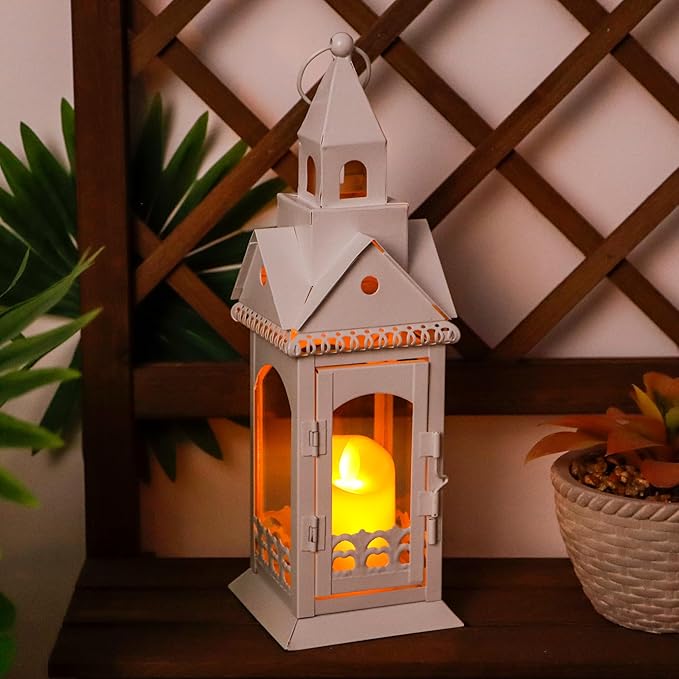 TRIROCKS Rustic Style Metal Candle Lantern 13'' High Decorative Outdoor Lantern Candle Holder with Tempered Glass House Shape for Home Living Room Garden Patio Parties Indoors Outdoors (White)