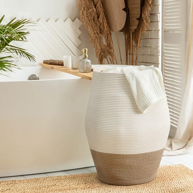 Goodpick Large Laundry Hamper | Tall Wicker Hamper Laundry Basket, Soft Cotton Rope Woven Hamper, Farmhouse Design Graceful Basket 25.6 Inches Height
