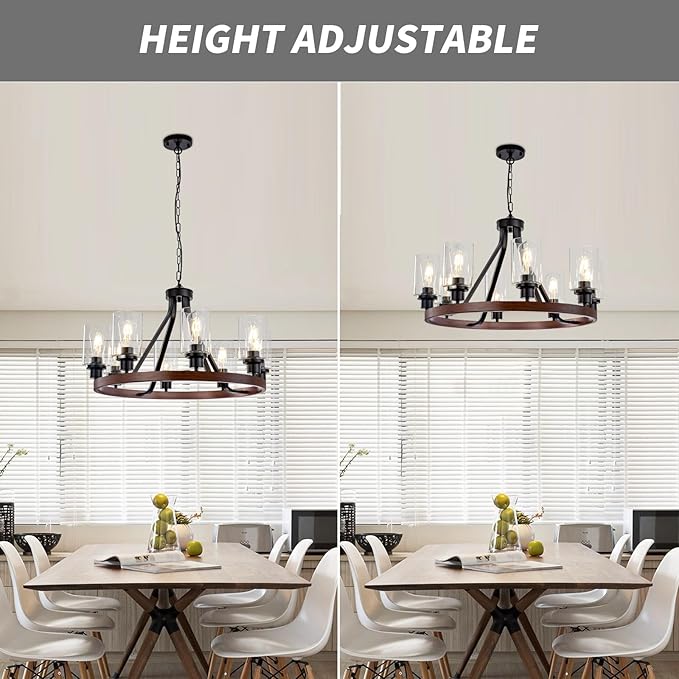 8-Light Farmhose Chandelier for Dining Room Light Fixture Faux Wood Kitchen Pendant Light Round Rustic Ceiling Hanging Lighting with Glass Globes Adjustable Height Metal E26