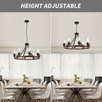 8-Light Farmhose Chandelier for Dining Room Light Fixture Faux Wood Kitchen Pendant Light Round Rustic Ceiling Hanging Lighting with Glass Globes Adjustable Height Metal E26