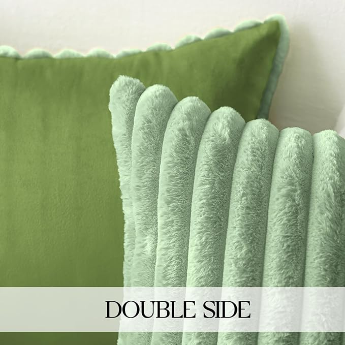 MOSAYT Spring Faux Fur Throw Pillow Covers 22x22, Set of 2, Plush Velvet Soft Pillow Case,Fluffy Striped Decorative Couch Pillow Covers for Sofa, Bedroom, Living Room(Sage Green)