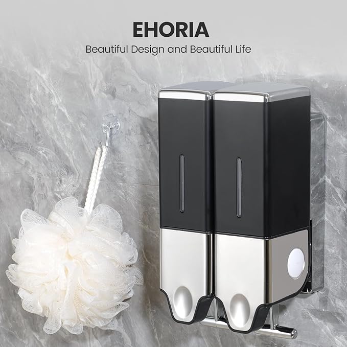2-in-1 Quadrate Dispensers for The Shower,Shower soap Dispenser,Conditioner Dispenser, Shampoo Dispenser,No Drilled Wall Mounted Distributor,Hotel,Bathroom,Home (Double, Black)