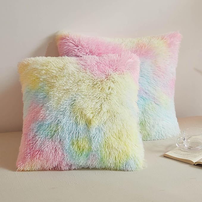 XeGe Rainbow Faux Fur Throw Pillow Covers, Tie Dye Multicolor Shaggy Decorative Pillow Cushion Cover, Luxury Fluffy Plush Pillow Cases for Sofa Bed Zipper Closure, Pack of 2(18''x18'', Rainbow)