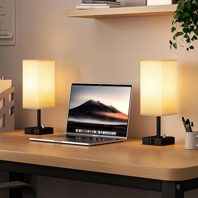 Fully Dimmable Nightstand Lamps Set of 2 - Table Bedside Lamp with USB C+A Charging Ports & 2 AC Outlets, Square Lamp Sets Linen Fabric Shade for Bedroom Living Room(Bulb Included)