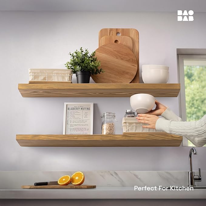 BAOBAB WORKSHOP Natural Wood Floating Shelves for Wall 36 Inches Long, Heavy Duty Wall Shelf for Bedroom, Solid Wooden Bathroom Shelf Large Kitchen Farmhouse, Oak Floating Shelf, 36W × 6.7D, Set of 2